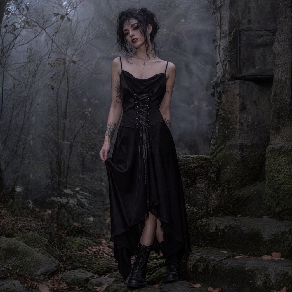 Cachet Black Satin Corset Midi Dress Lace-Up Whimsy Goth Fairy Grunge Y2K